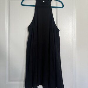 high neck black fit and flair dress WITH POCKETS